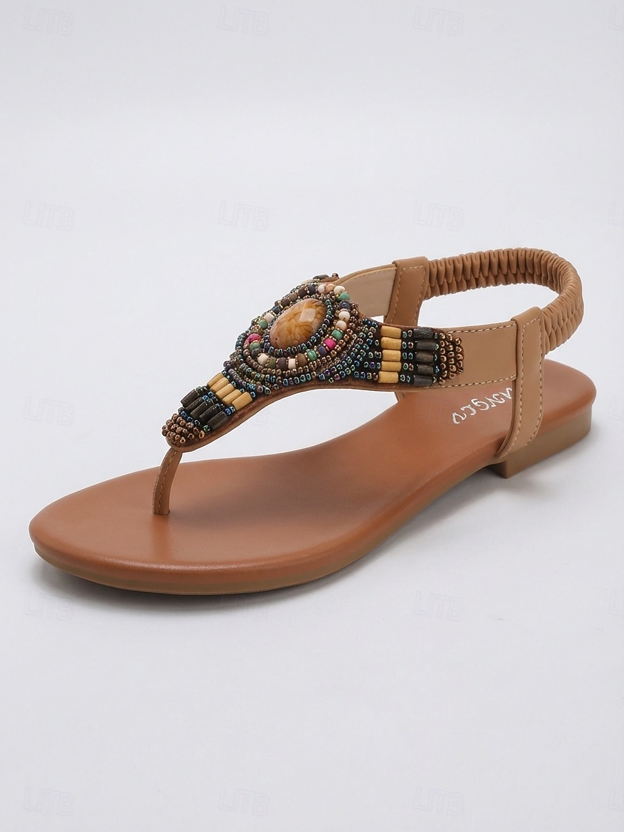Sandales plates bohèmes à perles pour femmes - sandales ethniques tribales à bride en T et bride élastique à l'arrière, idéales pour les vacances à la plage et les séjours en bord de mer. & été de 2026 ? $42.99 –P4