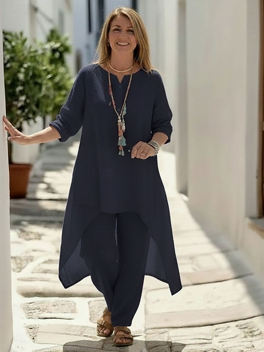 Dames Set met linnenlook Broeken Sets 3/4 mouw Strakke ronde hals Effen Met ruches Modieus Streetwear Casual Dagelijks Buiten blauw Zwart Wit Zomer Ruim Passend 2026 - $33.99 –P6