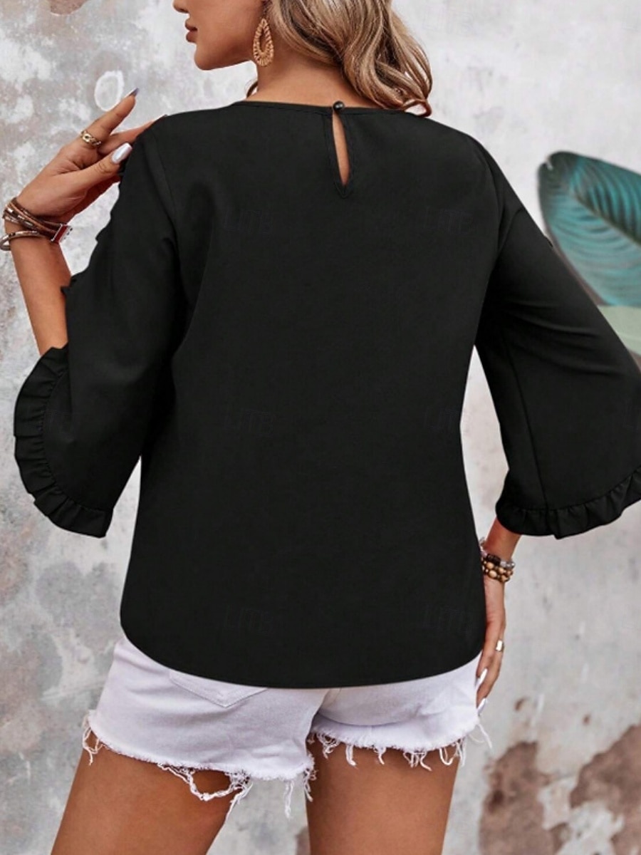 Mujer Camisa Blusa Blusa con volantes Volante Plano Elegante Clásico Moderno Manga 3/4 Cuello Barco Tops regulares Diario Festivos Noche Negro Rojo Naranja Verde Trébol Albaricoque Verano Primavera 2026 - $24.99 –P15