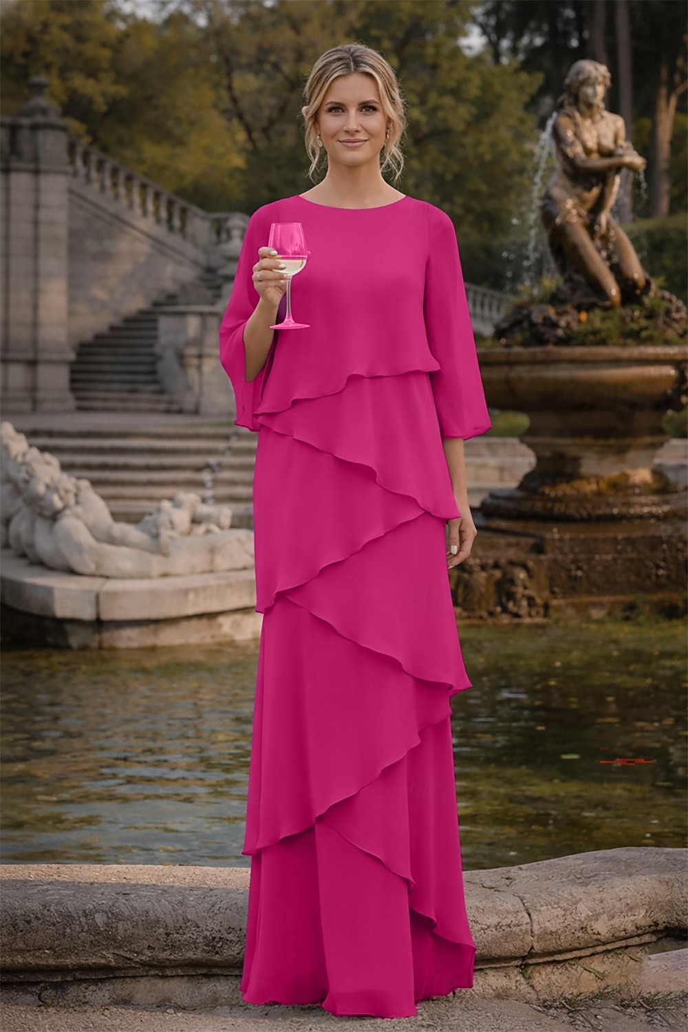 Schlauchkleid Bodenlang Kleid für Hochzeitsgäste Abendkleid Brautmutterkleid Dreiviertelarm Rundhalsausschnitt Elegant Formell Chiffon mit Rüschen 2026 - $89.99 –P17