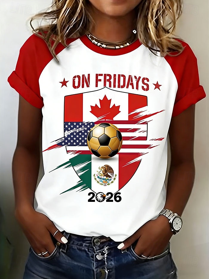Femmes T-shirt Imprimé Graphique Équipe de football Élégant Classique Occasionnel Manche Courte Col ras du cou Hauts Réguliers Quotidien Jaune Rouge Vert Été Printemps de 2026 ? $21.99 –P1