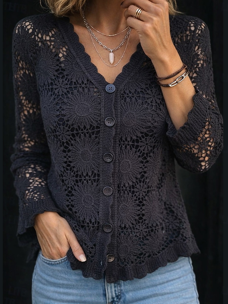 Pentru femei Cămașă din dantelă Bluză Dantelă Nasturi Culoare solidă Elegant Stilat Casual Manșon Lung În V Topuri obișnuite Zilnic Negru Alb Bej Vară Primăvară Toamnă 2026 - $35.99 –P3