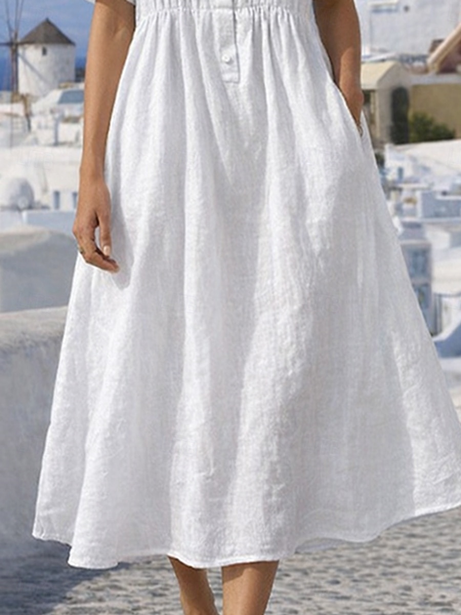 Mujer Vestido Midi Vestidos con tacto de lino Vestido de Camisa Vestido Kaftan Moda Moderno Diario Exterior Vacaciones Ajuste regular Plano Manga Corta Cuello Camisero Azul Piscina Blanco Rosa Rojo 2026 - $33.99 –P4