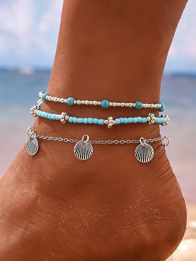 2026年 女性用ボヘミアンスタイル合金アンクレットセット、マルチカラー、シェルチャーム、普段使い、休暇、旅行に最適  コレクション – $7.99 –P2