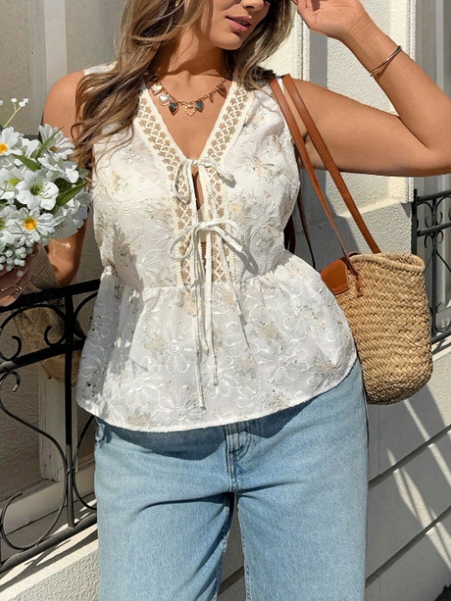 Women's Shirt Blouse Lace Tops Sleeveless Shirt Lace Floral Stylish Classic Modern Sleeveless V Neck Regular Tops Daily Holiday Going out White Summer Spring 2026 - $33.99 –P3