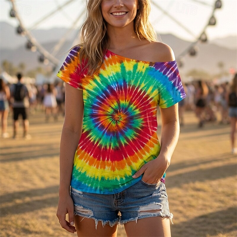 Retro Vintage 1980er T-Shirt Ein-Schulter Kurze Ärmel Hippie Disco Tie Dye Print Kostüm Damen Halloween Karneval Musikfestival Retro-Mottoparty Erwachsene T-shirt 2026 - $18.99 –P1