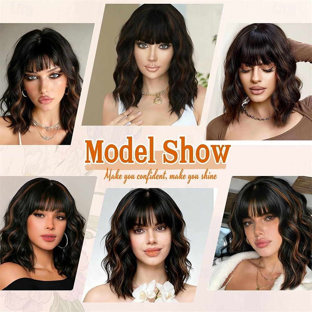 Black Mixed Brown Wig with Bangs Short Wavy Bob Wigs for Women Synthetic Shoulder Length Hair Natural Looking Curly Wig Heat Resistant Hair Replacement Bob Wigs (14 Inch) 2026 - $30.99 –P6