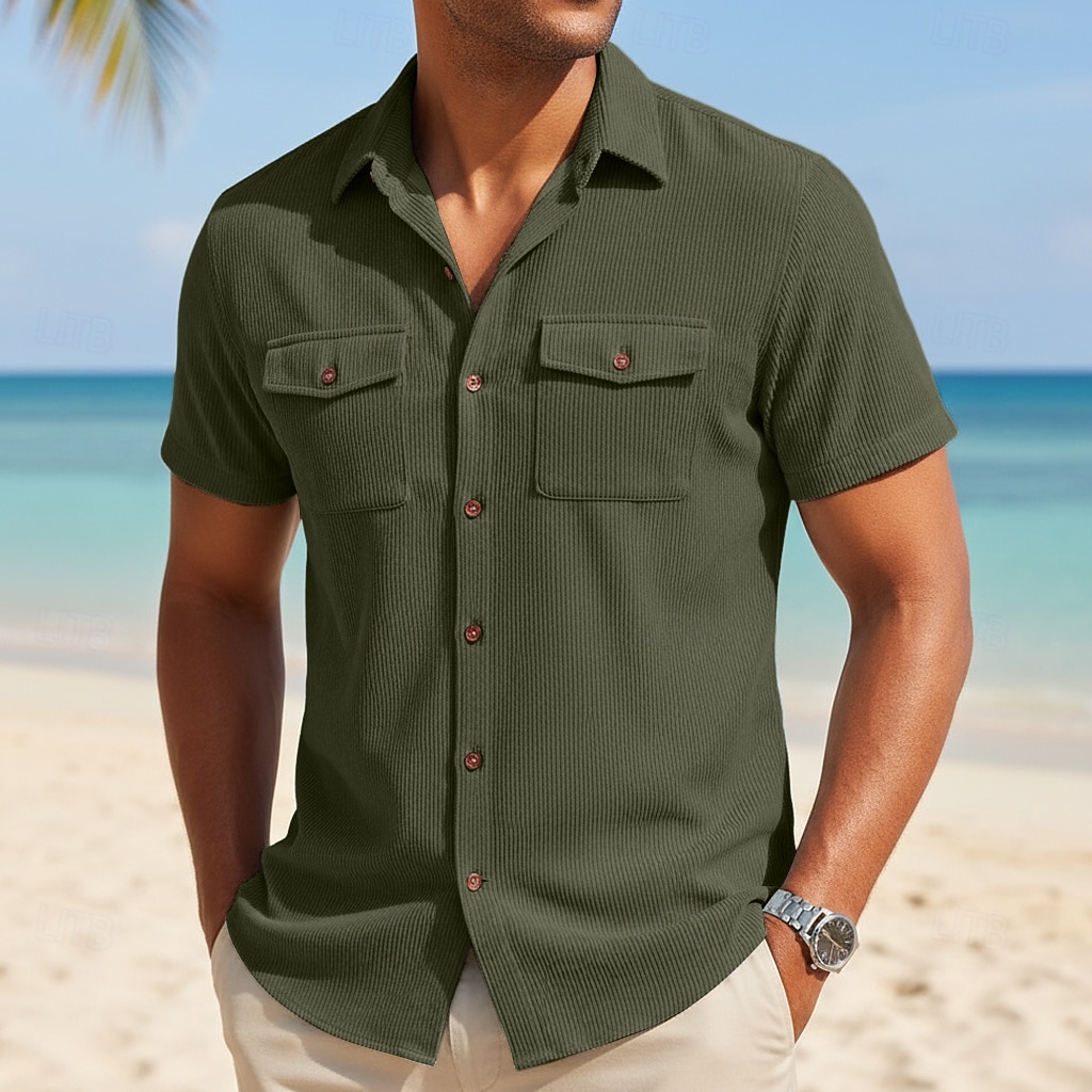 Men's Shirt Casual Shirt Corduroy Shirt Button Up Shirt Black White Yellow Navy Blue Brown Short Sleeve Solid Color Plain Textured Shirt Collar Casual Daily Front Pocket Clothing Apparel Elegant 2026 - $24.99 –P5