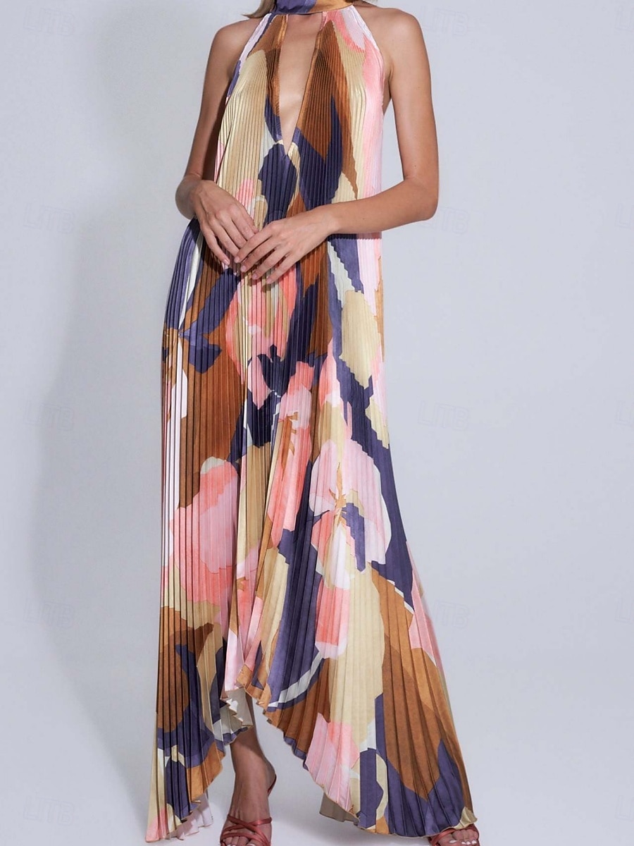 Dames Maxi-jurk Swingjurk Bloemetjesjurk Jurk met halternek Elegant Modieus Modern Buiten Vakantie Feest Ruim Passend Bloemig Mouwloos Halternek Oranje Bruin Rode roos Zomer Lente 2026 - $32.99 –P8