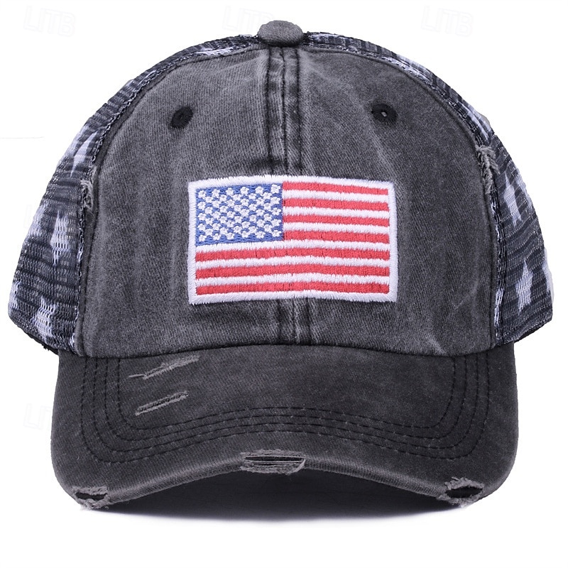 Cappellino da baseball patriottico in cotone lavato con stella della bandiera americana ricamata, cappellino da camionista vintage effetto invecchiato con rete per uomo e donna, 4 luglio, giorno del 2026 a $16.99 –P7