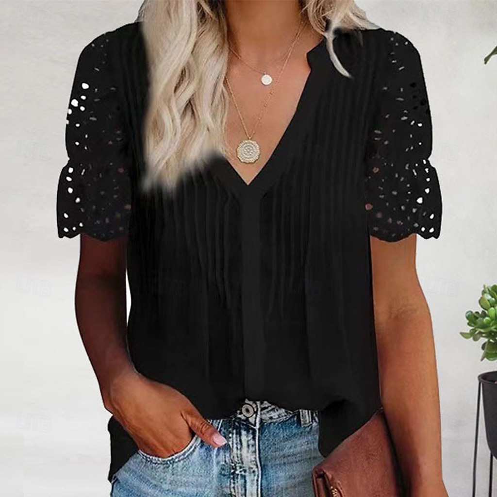 Γυναικείο T-shirt 100% βαμβακερό Μπλουζάκι Casual Κουμπωτό Μπλουζάκι Μπλούζα Ραφές Patchwork Eyelet Solid Χρώμα Διακοπών Μόδας Καθημερινά Κοντομάνικα V Λαιμόκοψη Πόλο Κανονικά Μπλούζες Καθημερινές 2026 - $29.99 –P2