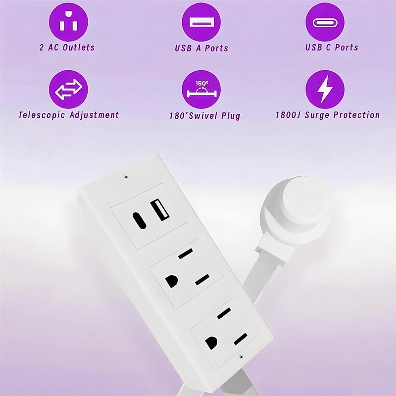 Prelungitor cu ștecher plat și USB C, prelungitor cu braț pivotant pentru a fi montat în spatele mobilei, stație de încărcare ultrasubțire cu 3 prize AC &porturi USB, cablu subțire pentru noptieră, 2026 - $41.99 –P4