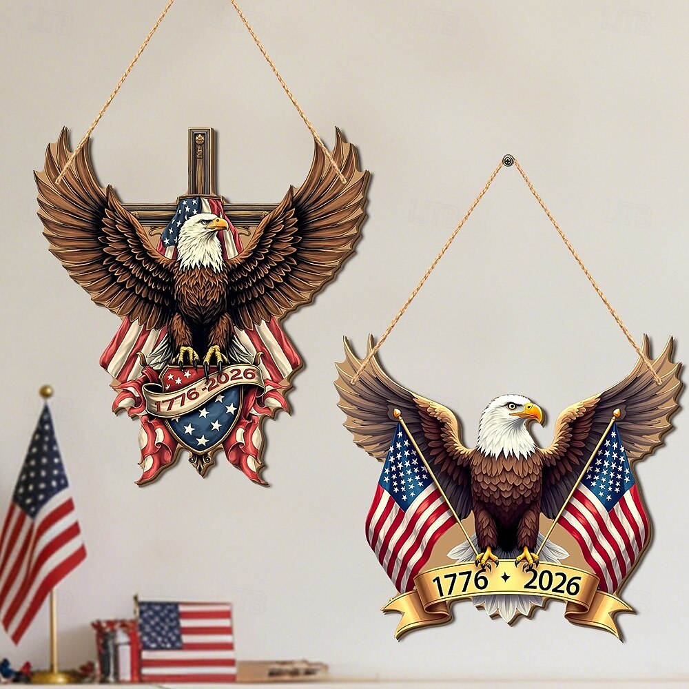 Letrero de madera para puerta conmemorativo del 250.º aniversario de la Independencia de Estados Unidos, estrellas blancas y rojas. &Decoración de la puerta principal con rayas blancas y lazo 2026 - $16.99 –P5