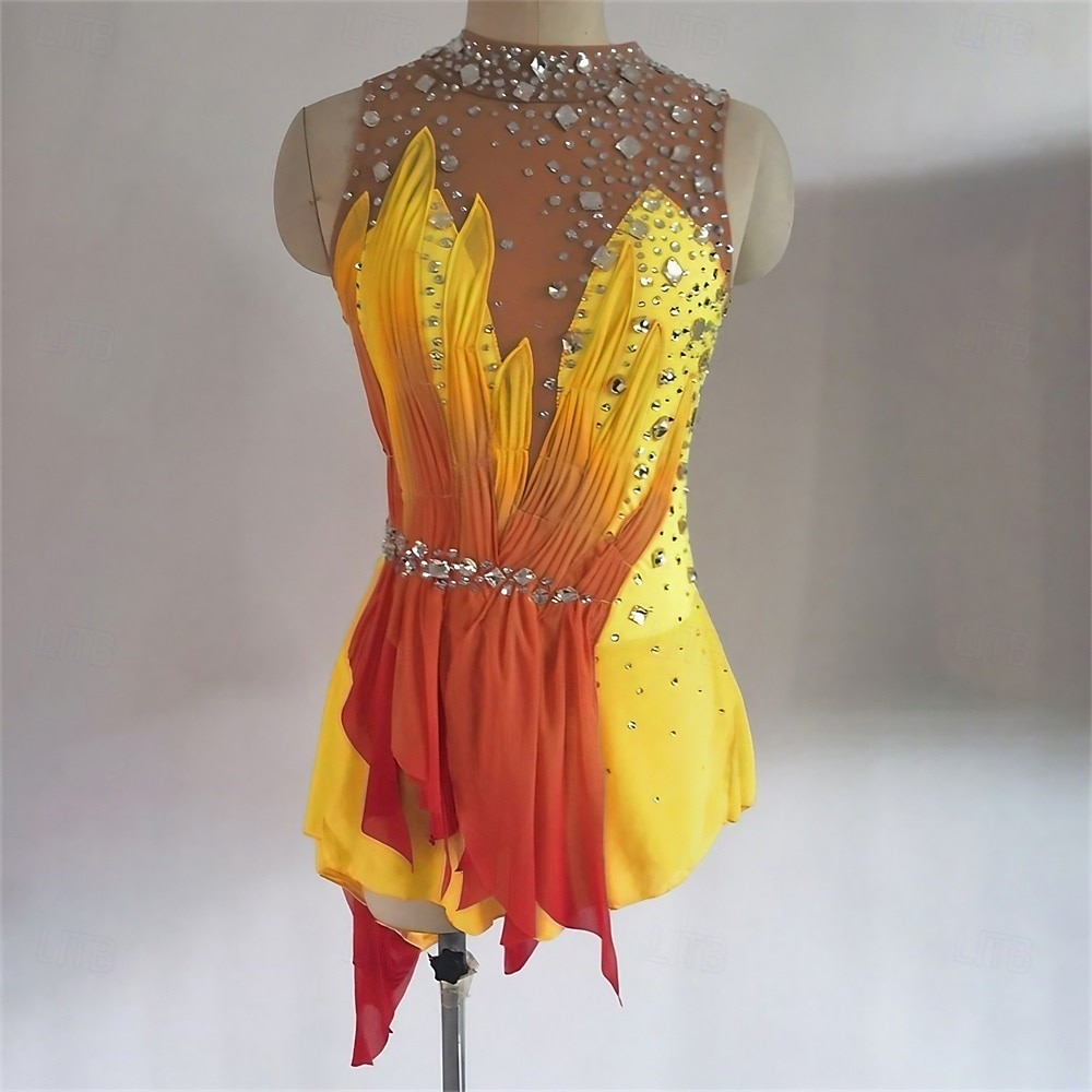 Kunstschaatsjurk Voor meisjes Schaatsen Jurken Rood / geel Lapwerk Open achterkant Rekbaar Opleiding Wedstrijd Kunstschaatskleding Klassiek Kristal / Bergkristal Mouwloos Schaatsen Kunstschaatsen 2026 - $244.29 –P3
