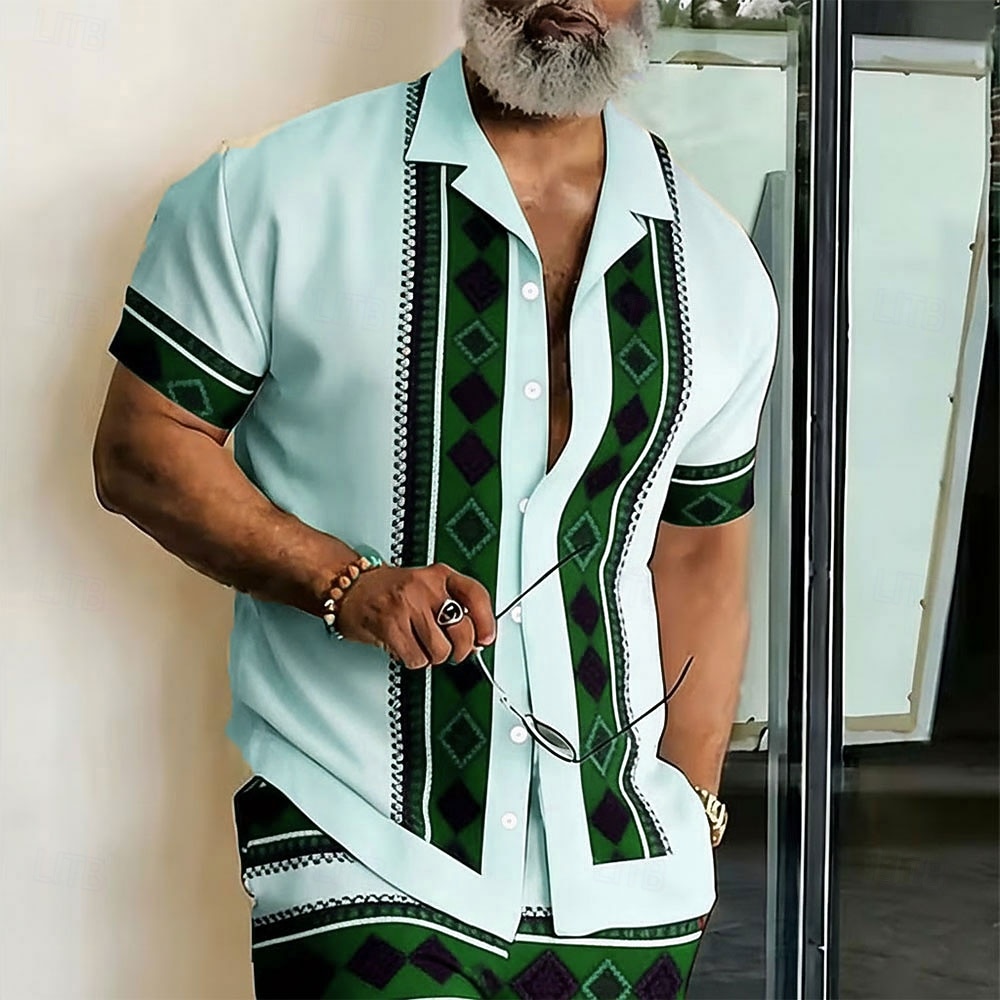 Homme Géométrique Rayé 钻石纹 Chemise Chemise Boutonnée Chemise à col camp Manche Courte Mode Décontractée Vêtements de rue Vacances Été Printemps Col cubain Impression 3D Bleu Kaki clair Vert de 2026 ? $25.99 –P3