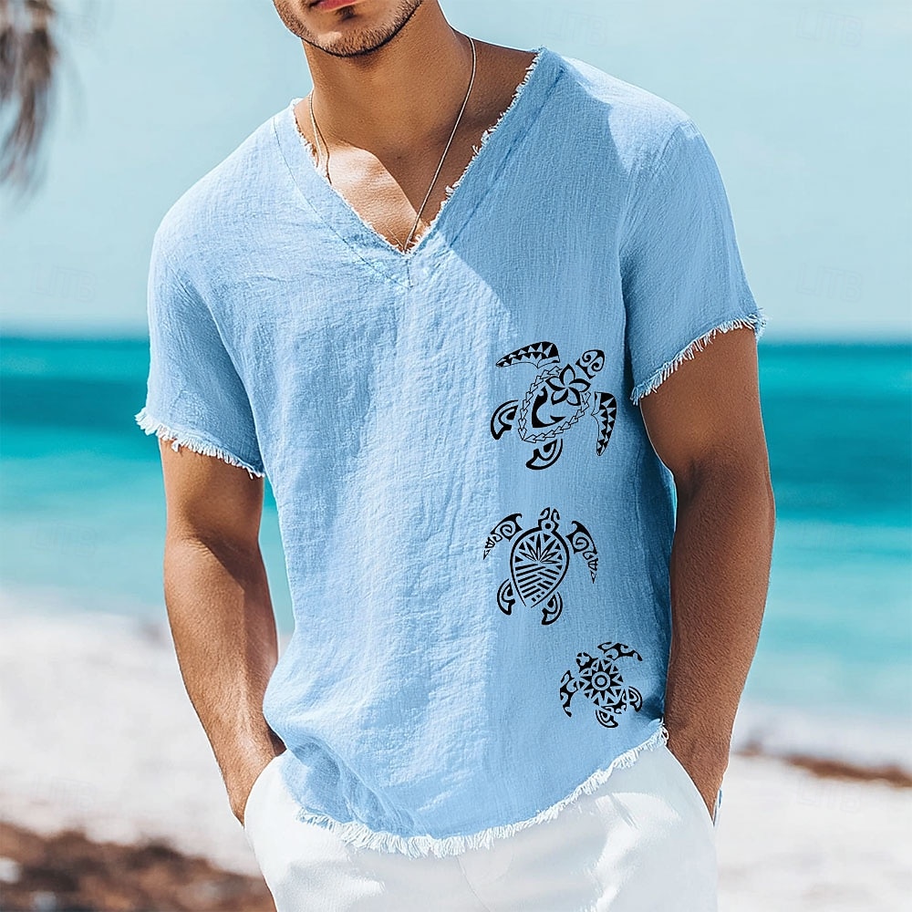 Tricou bărbătesc cu imprimeu triplu tribal de broaște țestoase marine, amestec de in și bumbac, decolteu în V, margini brute, polinezian honu, vară, plajă, vacanță, top moale, zdrențuit, la modă, 2026 - $24.99 –P1