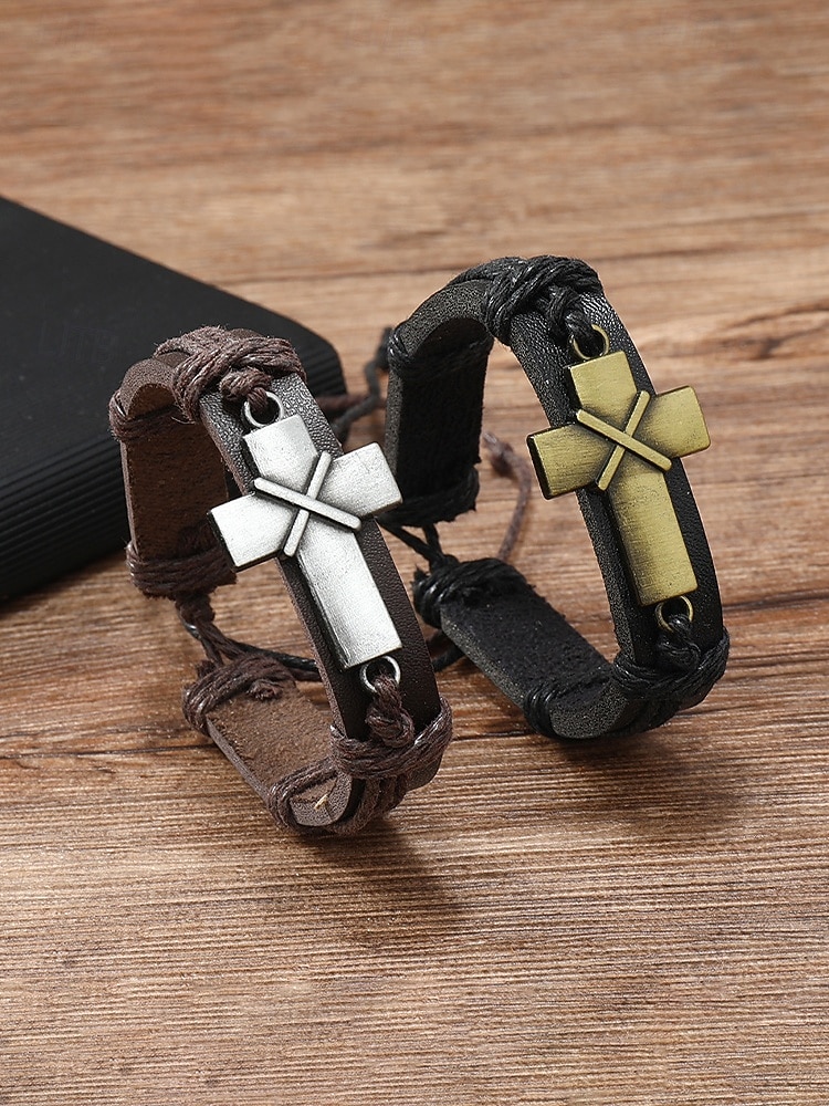 Herrarmband med bohemiskt kors i läder, äkta läder och legering, vintage-stil, justerbar längd, svart och brunt, perfekt för utomhusresor, vardagsbruk och fritidsbruk 2026 - $7.99 –P4