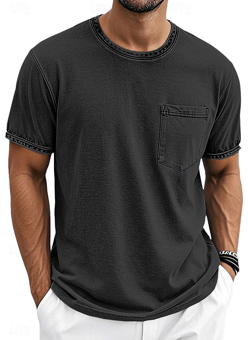 Herre T skjorte 100% bomullssyre-vaskeskjorte Kortermet Crew-hals Sommer Vår Alle årstider Helfarge Enkel Elegant Årgang Nøytral Lomme Plaggfarget Nedtrykt Avslappet Hjem utendørs Lyseblå Svart Brun 2026 - $20.99 –P9