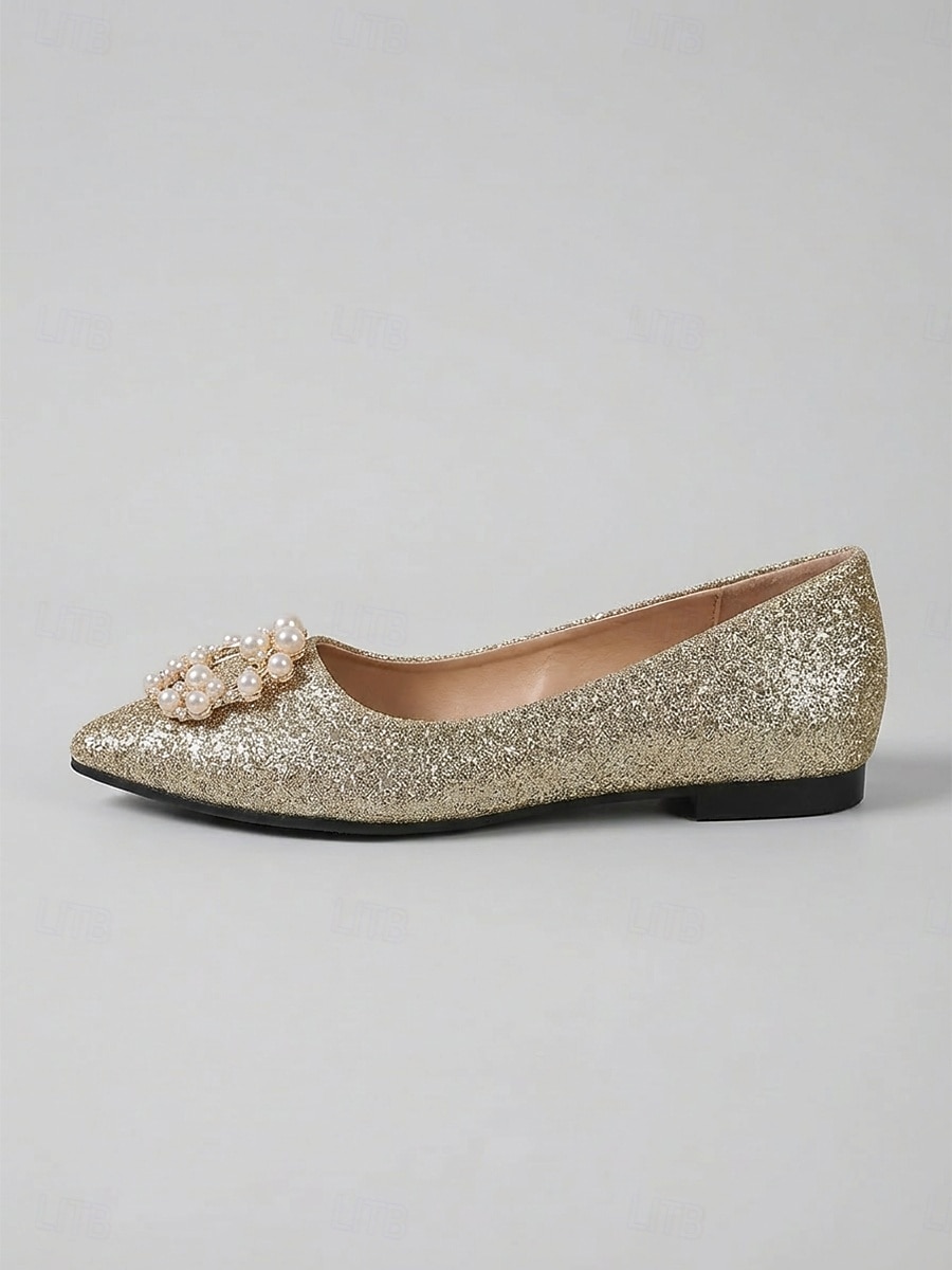 Ballerines dorées à paillettes ornées de perles, élégantes chaussures pour la mère de la mariée lors d'un mariage en ville, ballerines confortables à bout pointu pour une occasion formelle. de 2026 ? $42.99 –P4