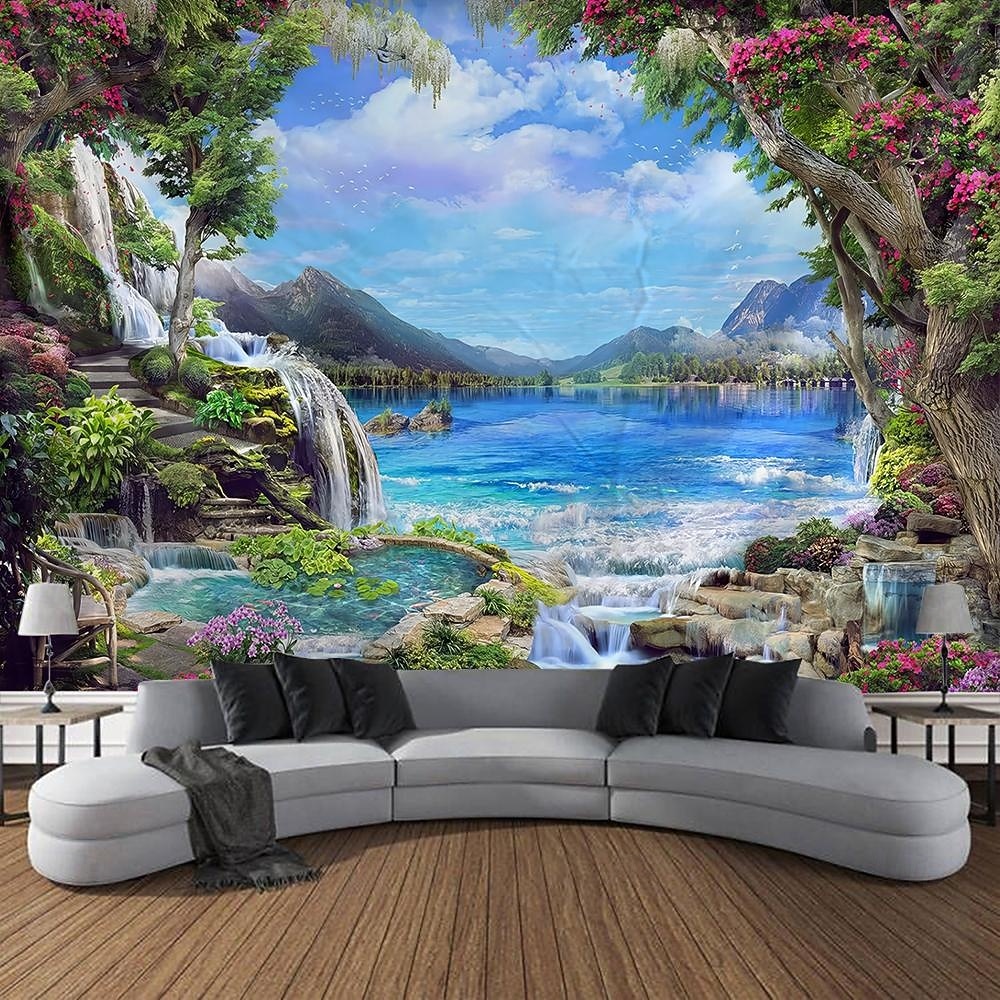 Tapiz de pared 3D realista con paisaje natural, cascada y lago azul, bosque de ensueño, montaña y flores. Tapiz colgante para sala de estar, dormitorio, residencia estudiantil, hogar y oficina. 2026 - $45.99 –P1