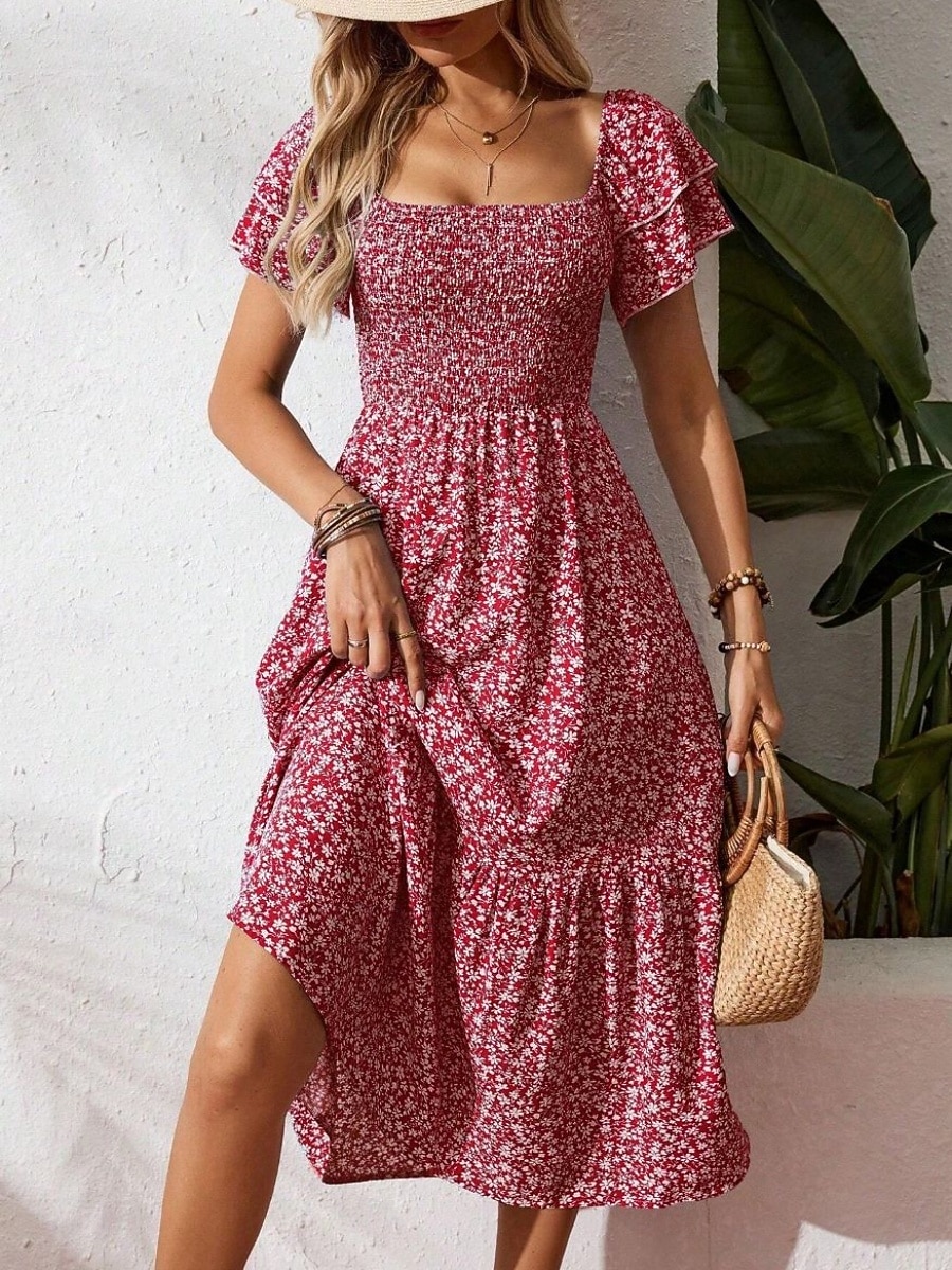 Dam Midiklänning Vardagsklänning Swingklänning Blommig klänning Elegant Mode Modern Utomhus Semester Utekväll Normal Ditsy Floral Kortärmad Fyrkantig hals Blå Svart Rubinrött Purpur Sommar Vår 2026 - $33.99 –P1