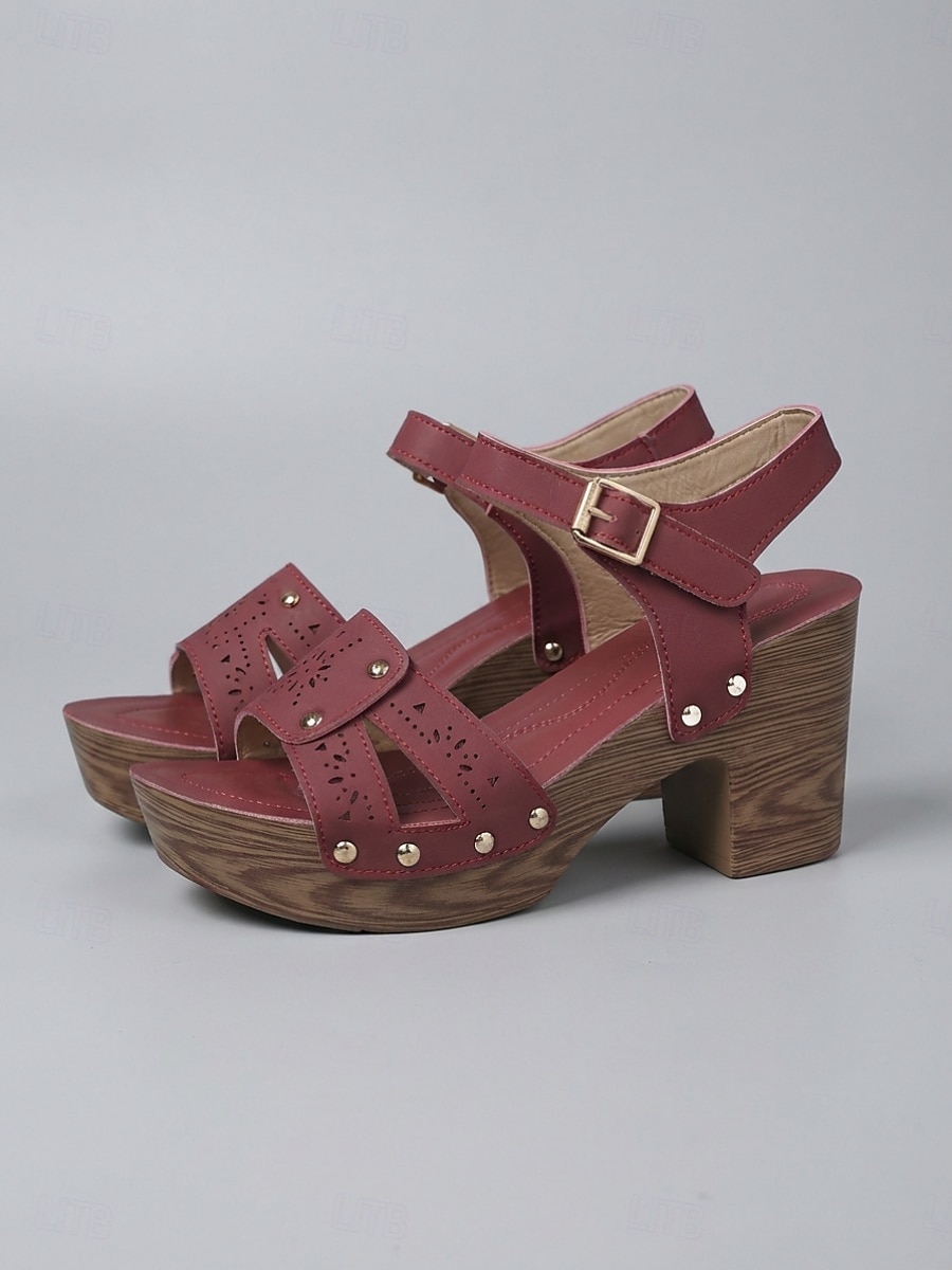 Women's Burgundy Chunky Heel Sandals – Faux Leather Sandals with Buckle and Perforated Design for Casual Outings, Summer Parties and Everyday Wear 2026 - $29.99 –P1