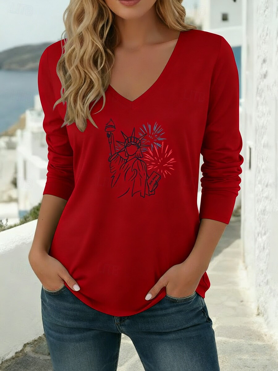 American Independence Day Women's T Shirt Long Cotton Top Tee Top Print Graphic Stylish Classic Casual Long Sleeve V Neck Regular Tops Daily Going out Weekend Blue Black White Red Green Spring Fall 2026 - $21.99 –P3