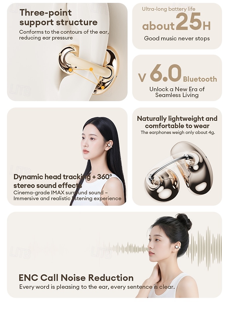 2026年 Lenovo オープンイヤークリップオンワイヤレスイヤホン、Bluetooth 6.0ヘッドホン、充電ケース付き、再生時間25時間、コンパクト &パワフルなサウンド、内蔵マイク、スポーツやワークアウトに最適な快適なフィット感のイヤホン。男女兼用。  コレクション – $29.99 –P3