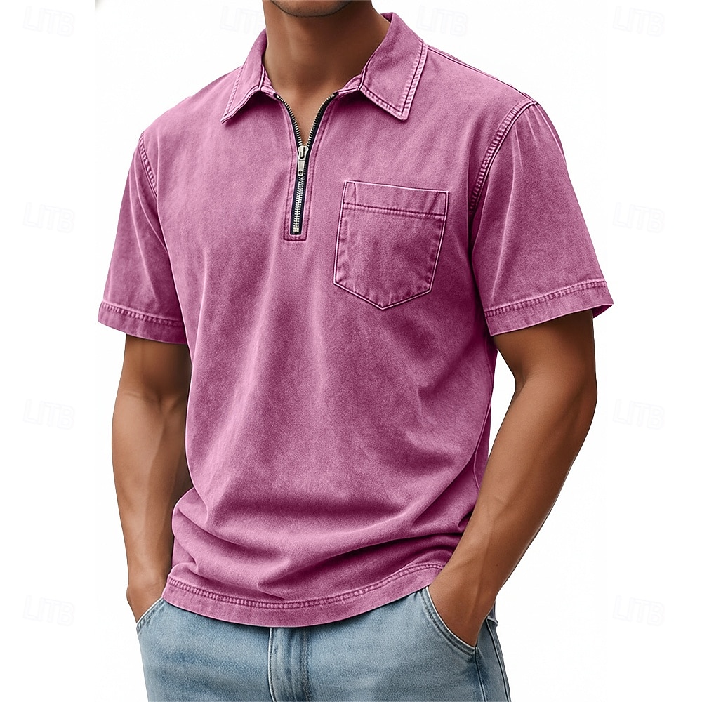 SoftFade™ Miesten Vetoketjullinen Polo 100% Puuvillaa Happopesu Paita Rentoa Päivittäinen Käyttö Neljännes Vetoketju Lyhythihainen Muoti Perus Yksinkertainen Denim Tasku Haalistunut Kesä Kevät 2026 - $31.99 –P2
