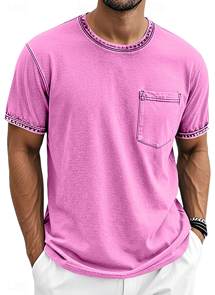 Herre T skjorte 100% bomullssyre-vaskeskjorte Kortermet Crew-hals Sommer Vår Alle årstider Helfarge Enkel Elegant Årgang Nøytral Lomme Plaggfarget Nedtrykt Avslappet Hjem utendørs Lyseblå Svart Brun 2026 - $20.99 –P6