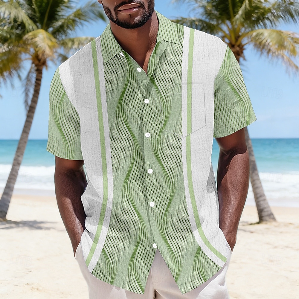 Men's Geometric Waves Button Up Shirt Crinkle Shirt Seersucker Shirt Short Sleeve Fashion Casual Daily Beach Vacation Wear Summer Spring Turndown 3D Print Bubble Textured Shirt Soft Blue Yellow 2026 - $25.99 –P2
