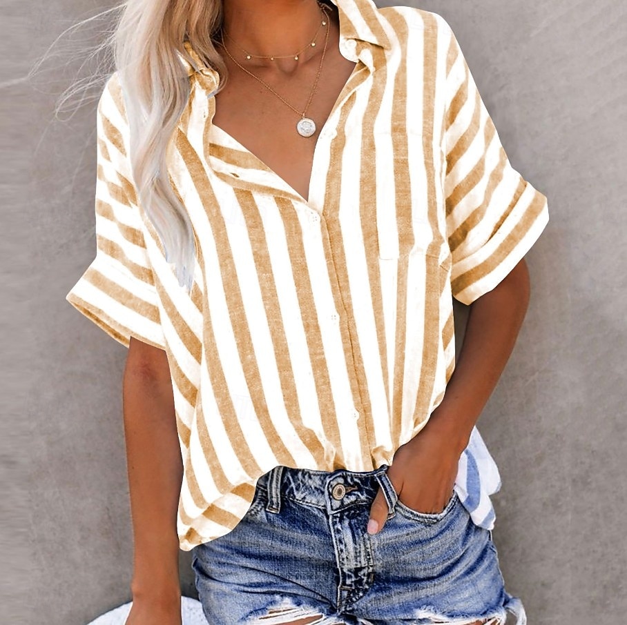 Per donna Camicie effetto lino Blusa Camicia in finto lino Bottoni Stampato A righe Elegante Casual Mezza Manica Colletto a Camicia Top Regolari Quotidiano Blu Nero Giallo Rosa Verde Estate Primavera del 2026 a $10.99 –P5