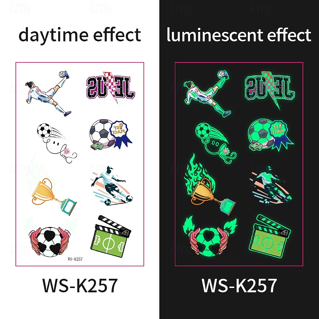 10 db sötétben világító foci ideiglenes tetoválás, neonzöld reaktív, vízálló &könnyen eltávolítható testfesték, játékosokkal, trófeákkal, lángokkal díszítve, tökéletes fociparti ajándékok &ajándékok 2026 - $9.99 –P11