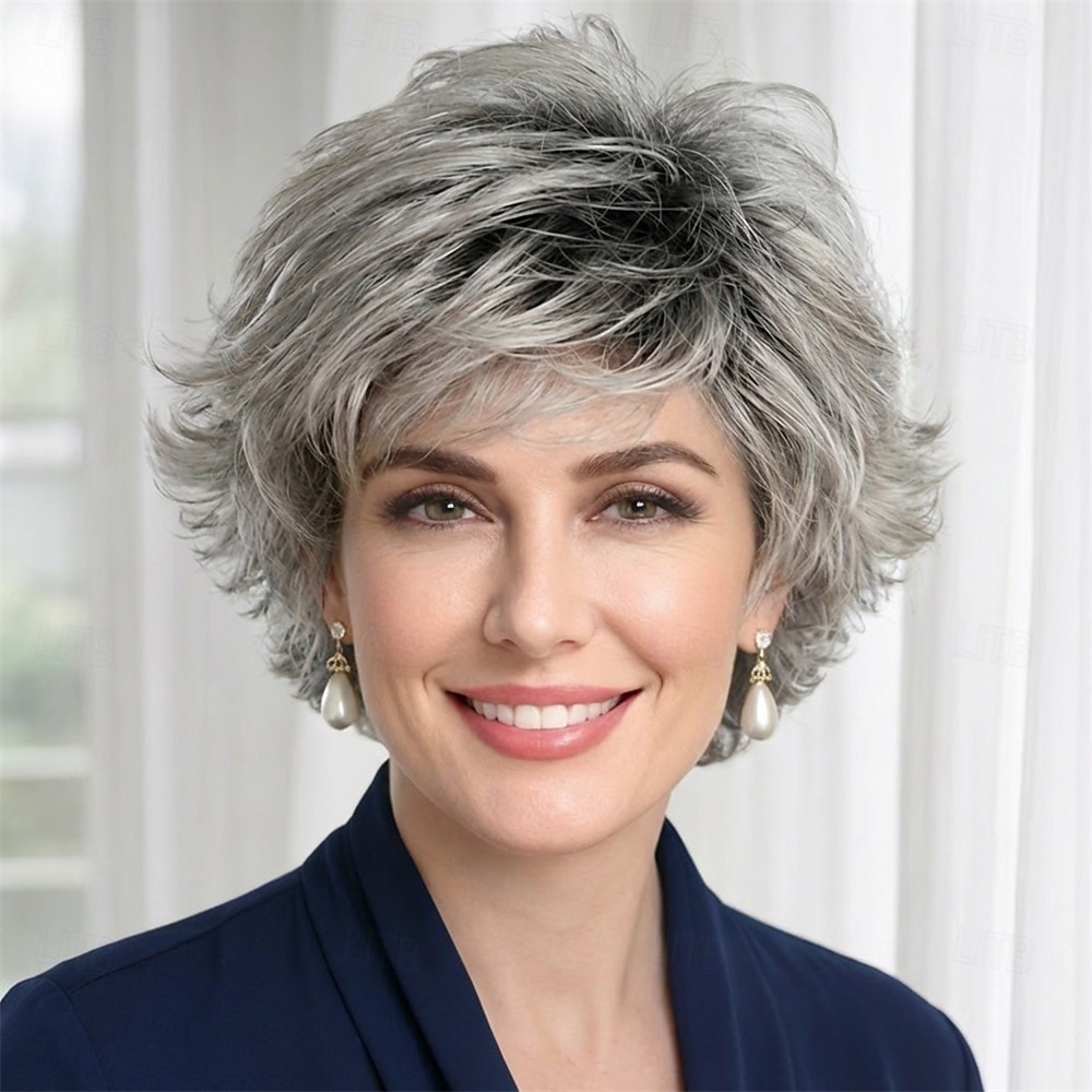 szykowna krótka peruka dla kobiet - elegancki bob ze srebrnymi warstwami 2026 - $32.99 –P2