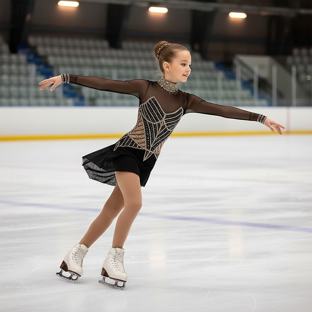 Figure Skating Dress Girls' Ice Skating Dress Black Patchwork Asymmetric Hem Stretchy Training Competition Skating Wear Classic Crystal / Rhinestone Long Sleeve Ice Skating Figure Skating 2026 - $255.79 –P1
