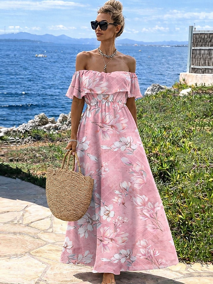 Dames Maxi-jurk Boho-jurk Zonnejurk Casual jurk Etnische jurk Elegant Bohemen Vakantie Strand Feestdagen Afspraakje Ruim Passend Bloemig Korte mouw Schouderafhangend Blozend Roze Zomer Lente 2026 - $44.99 –P1