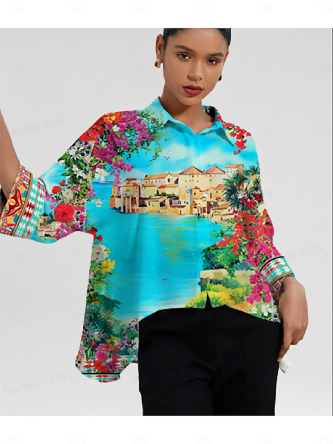 Топ из шелковистого атласа с рукавами «летучая мышь» с рисунком «цветок Майорки» 2026 - $67.99 –P1