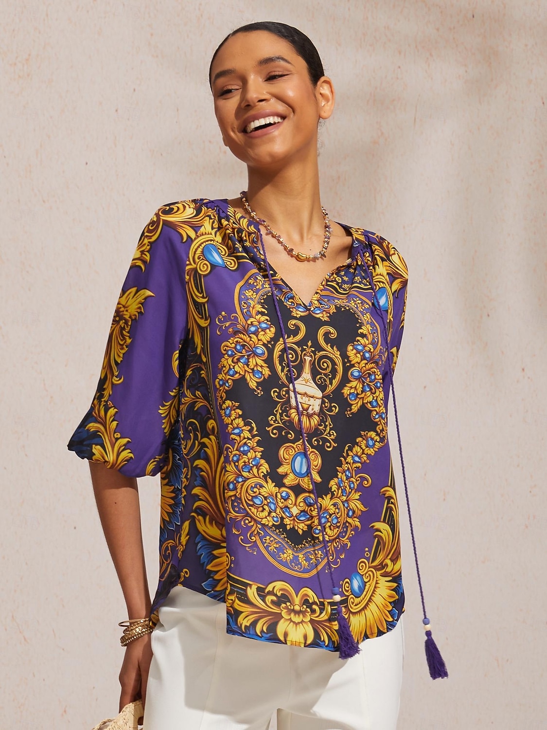 Топ из барочного шифона темно-синего цвета с рукавами 3/4 2026 - $67.99 –P1