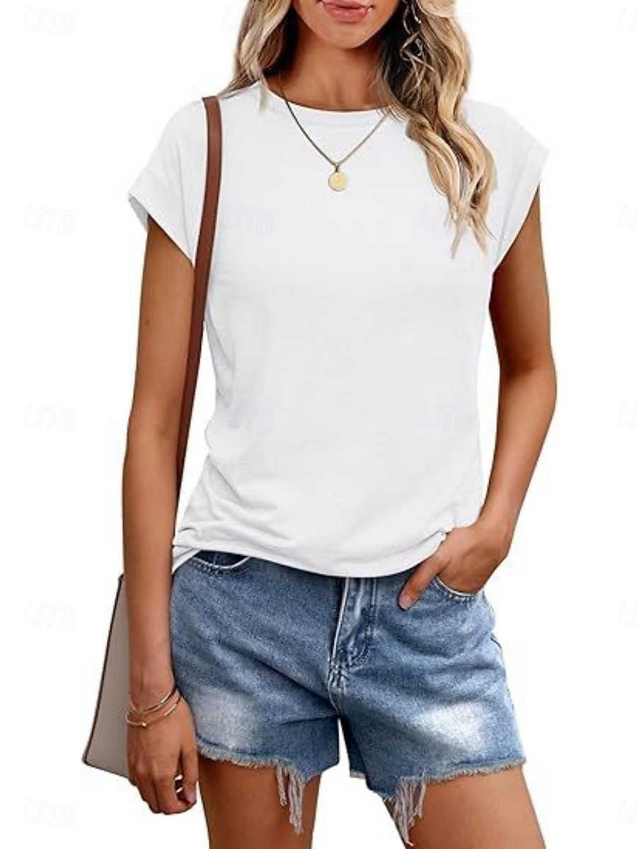 Damen T Shirt T-Shirt Einfach Mode Stilvoll Klassisch Kurzarm Rundhalsausschnitt Normale Oberteile Täglich Ausgehen Wochenende Blau Schwarz Weiß Hellgrün Rosa Sommer Frühling 2026 - $19.99 –P4