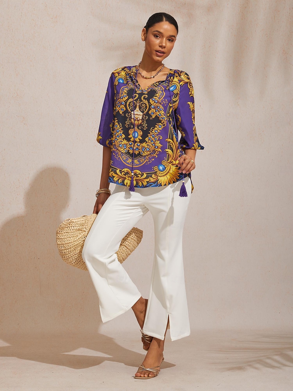 Топ из барочного шифона темно-синего цвета с рукавами 3/4 2026 - $67.99 –P13