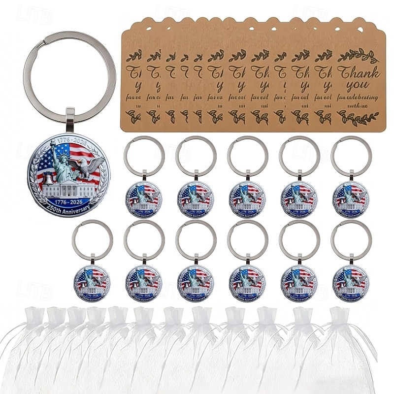 36-delige set sleutelhangers ter ere van het 250-jarig jubileum - 12 sleutelhangers / 12 kaartjes / 12 organzazakjes, plat 2D-ontwerp met het Vrijheidsbeeld en een adelaar, 250 jaar 1776-2026, ideaal 2026 - $28.99 –P4