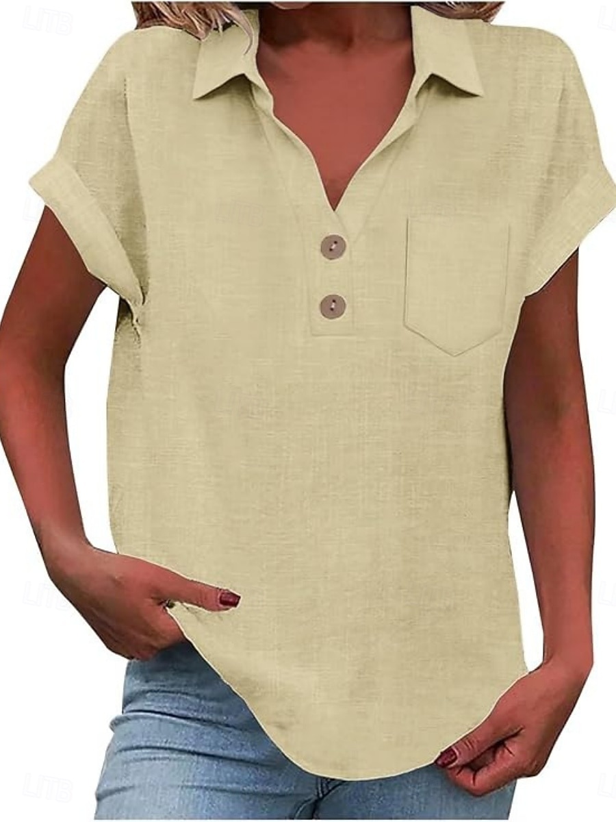 Women's Shirt Blouse Cotton Shirt Buttons Solid Color Vintage Classic Modern Short Sleeve Shirt Collar Regular Tops Daily Holiday Going out White Yellow Navy Blue Sky Blue Light Blue Summer Spring 2026 - $22.99 –P4