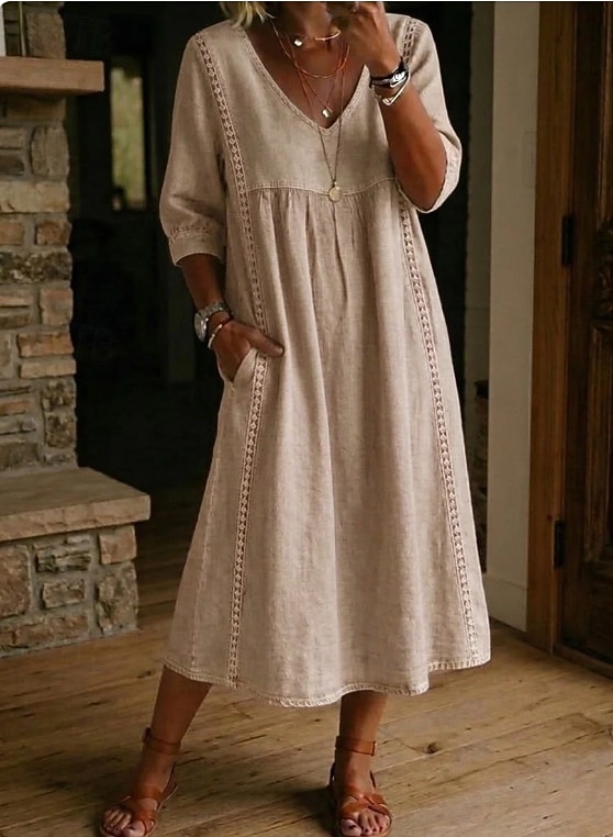 Abito Midi da Donna in 100% Cotone Abito a Finta Lino Abito all Aline Abito Estivo Vacanza Festa Casual Giornaliero Ufficio Spiaggia Vestibilità Larga Semplice Maniche Corte Collo a V Blu Chiaro Nero del 2026 a $31.99 –P1