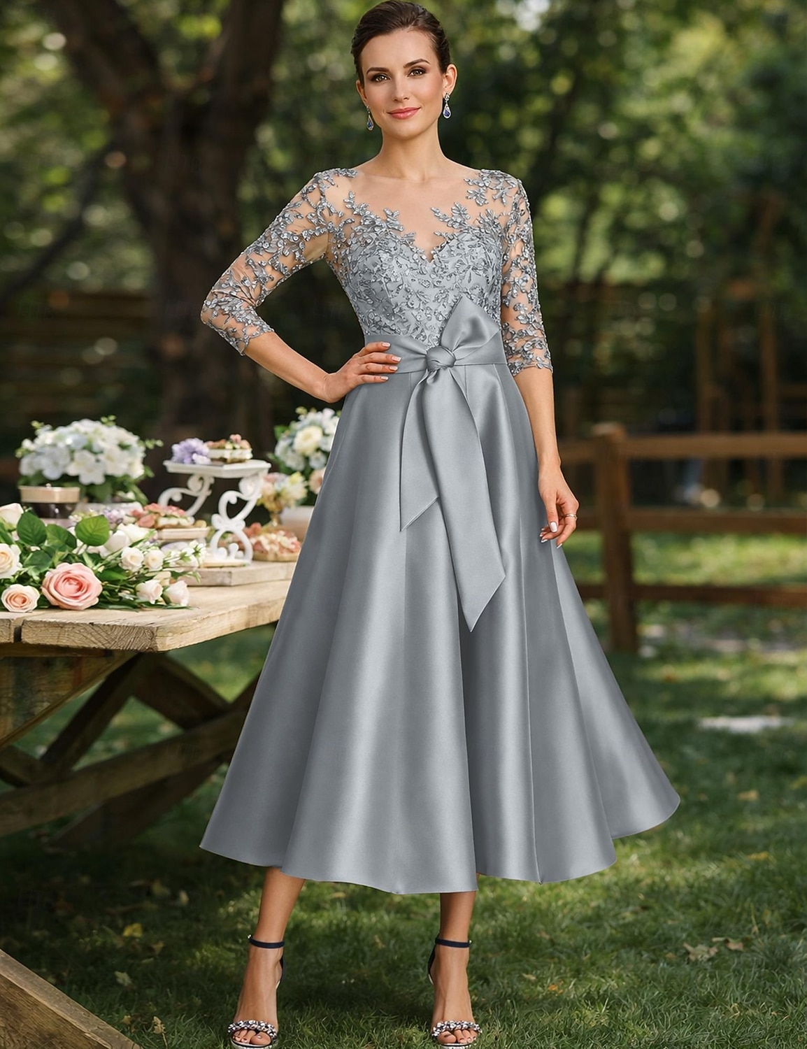 tea length silver mother of the bride dresses Silver Mother of the Bride & Groom Dresses