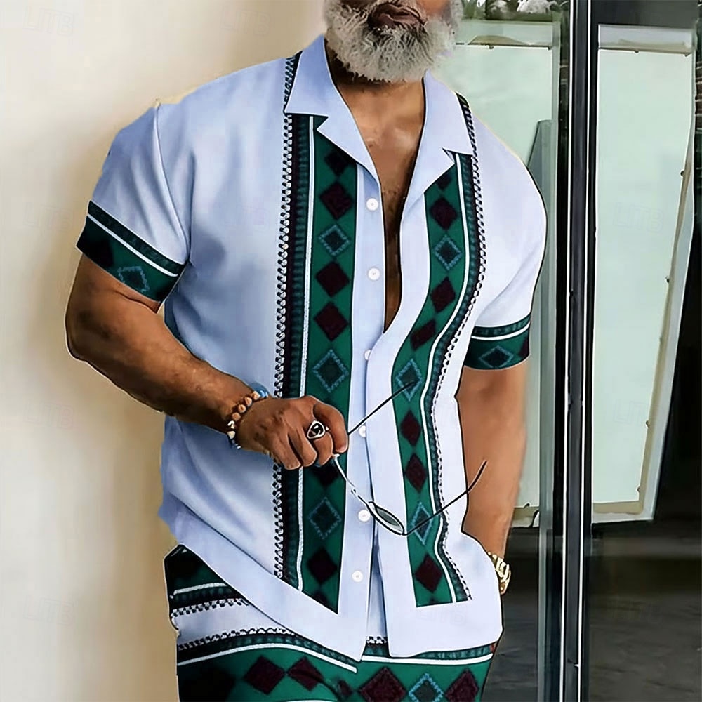 Homme Géométrique Rayé 钻石纹 Chemise Chemise Boutonnée Chemise à col camp Manche Courte Mode Décontractée Vêtements de rue Vacances Été Printemps Col cubain Impression 3D Bleu Kaki clair Vert de 2026 ? $25.99 –P2