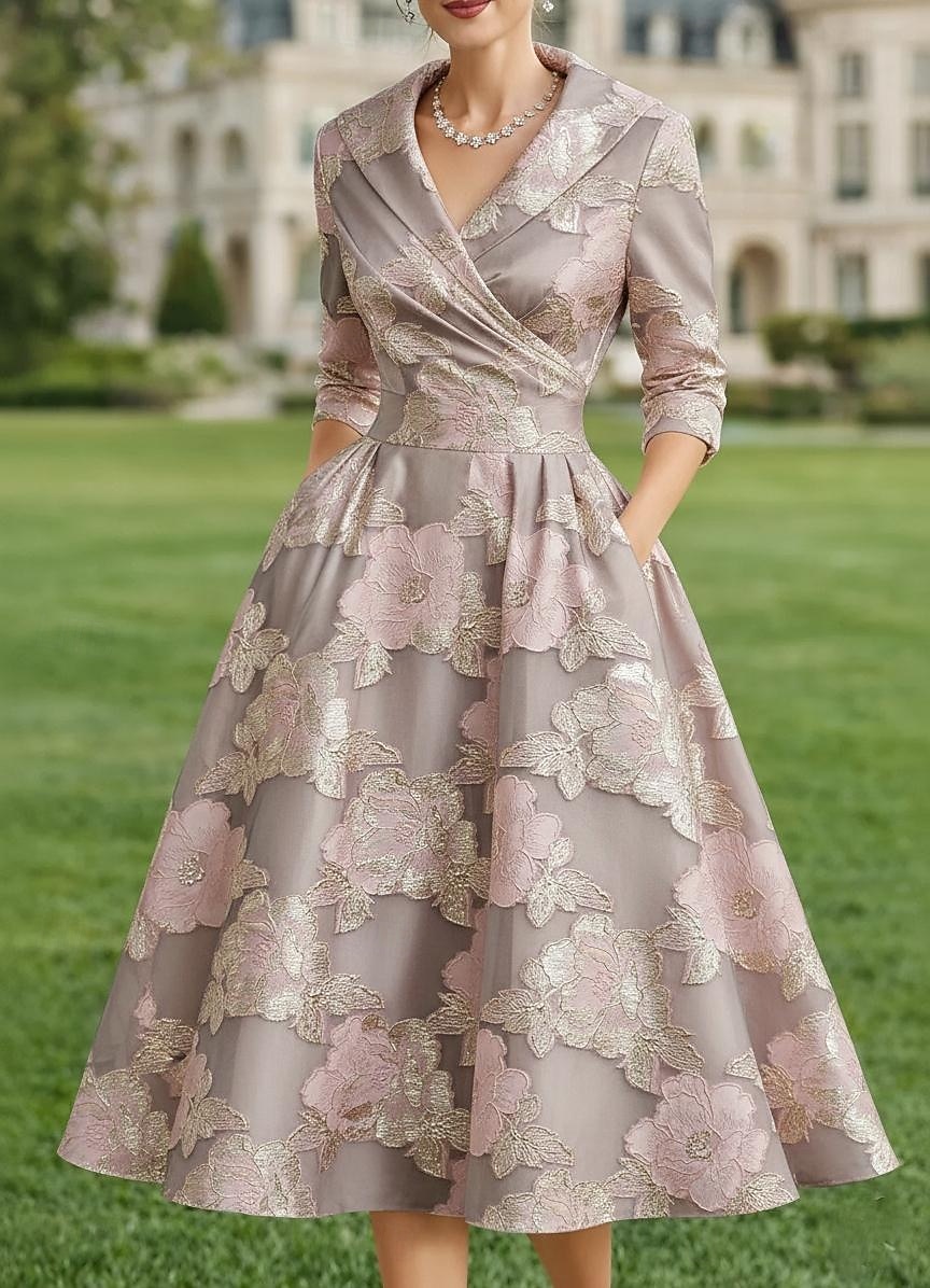 A-linje Te-lengde Blazer kjoler Kjole til brudens mor Langermet Skjortekrage Elegant Årgang Formell Bryllupsgjest Bryllupsfest Sateng Jacquard med Plissert Blomst 2026 - $166.99 –P1