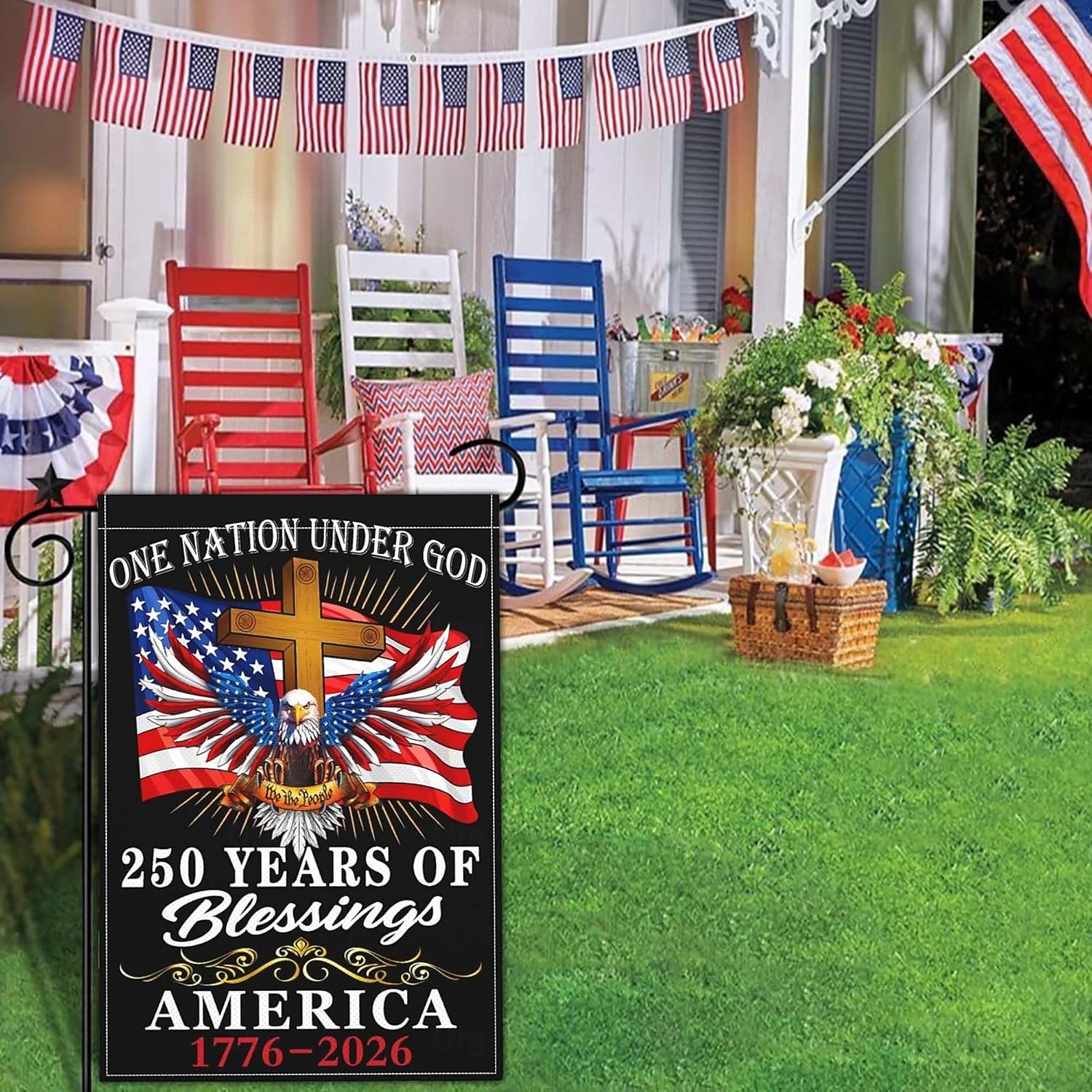 Lot de 2 drapeaux de jardin commémoratifs du 250e anniversaire des États-Unis, ornés d'un aigle patriotique, d'une croix et de la devise « Une nation sous Dieu ». Décoration extérieure résistante pour les célébrations. de 2026 ? $18.49 –P3