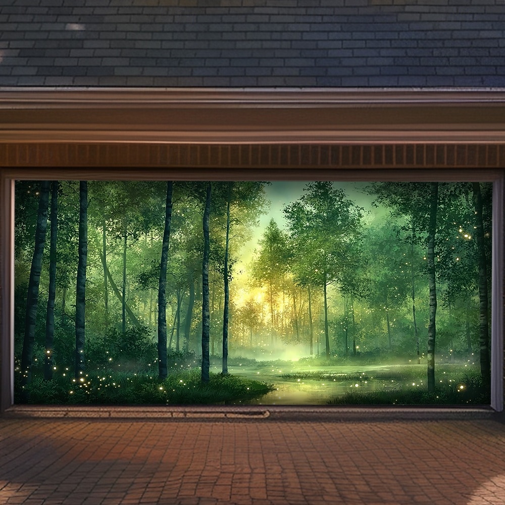 Zauberwald, Magie, leuchtend grüne Bäume, Sonnenlicht, Nebel, Teich, Naturlandschaft, Garagentorbanner, Wandbild, Garten, Hausfassade, Partykulisse 2026 - $49.99 –P3