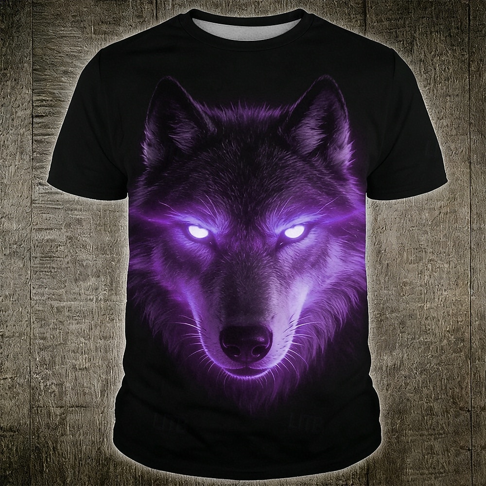 Maglietta da uomo con occhi luminosi al neon, volto di lupo alfa, stile cyberpunk fantasy, stampa all-over, vestibilità regolare, maniche corte, girocollo, abbigliamento casual streetwear, taglie S, del 2026 a $22.99 –P2