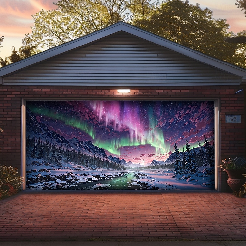 Northern Lights Aurora Borealis Winter Mountain Snowy Pine Forest Starry Night Sky Frozen River Garage Door Banner Outdoor Wall Decor Holiday Mural Christmas Decoration Backdrop 2026 - $49.99 –P2